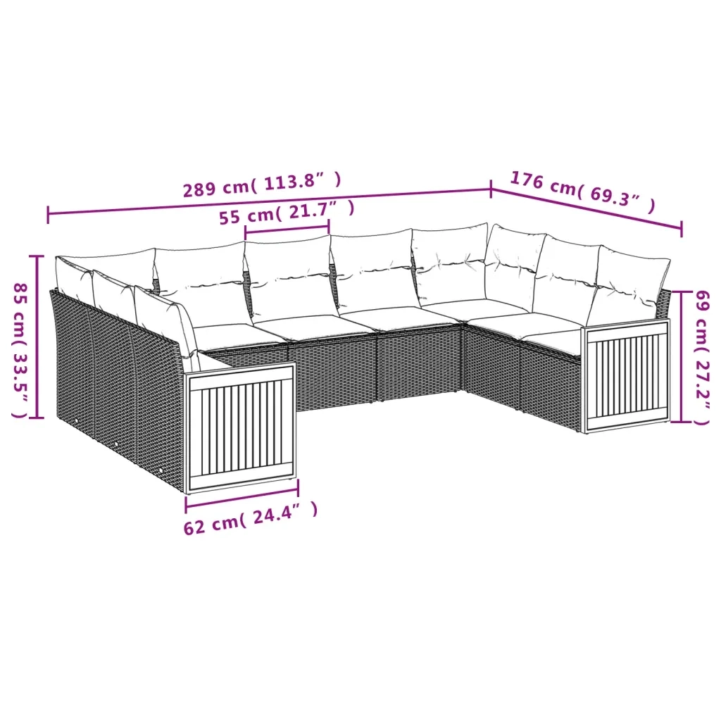Set Divani da Giardino 9 pz con Cuscini Nero in Polyrattan 3227953
