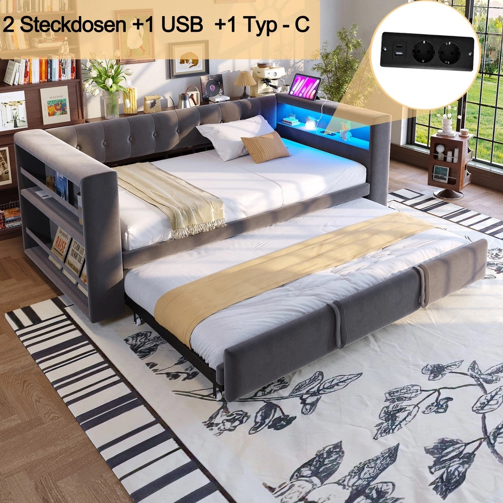 Letto Imbottito con LED e Contenitore ¨C Xylo ¨C Grigio Scuro, 90x190 / 180x190