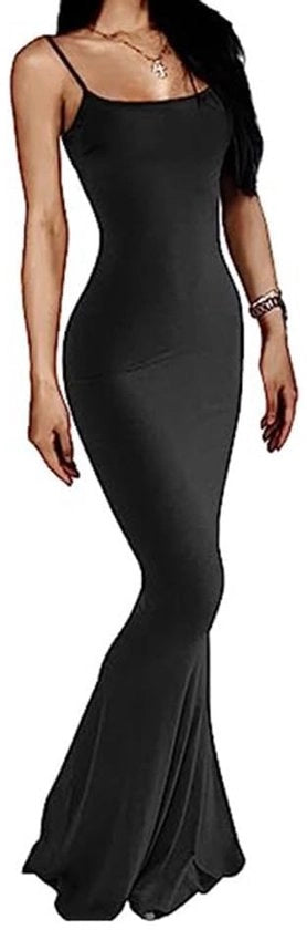 Abito da sera per donna - Spaghetti lacci - Collo a mare - Abito lungo da sera - Elegante - Tessuto premium soffice - Abito da sera elegante