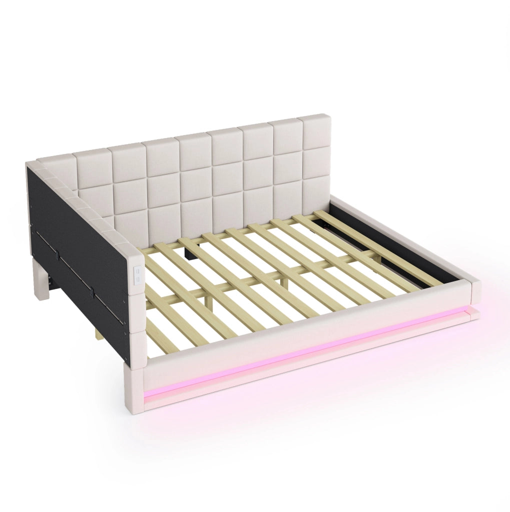 Divano letto 140x200 cm con LED e porta USB; tessuto di lino beige