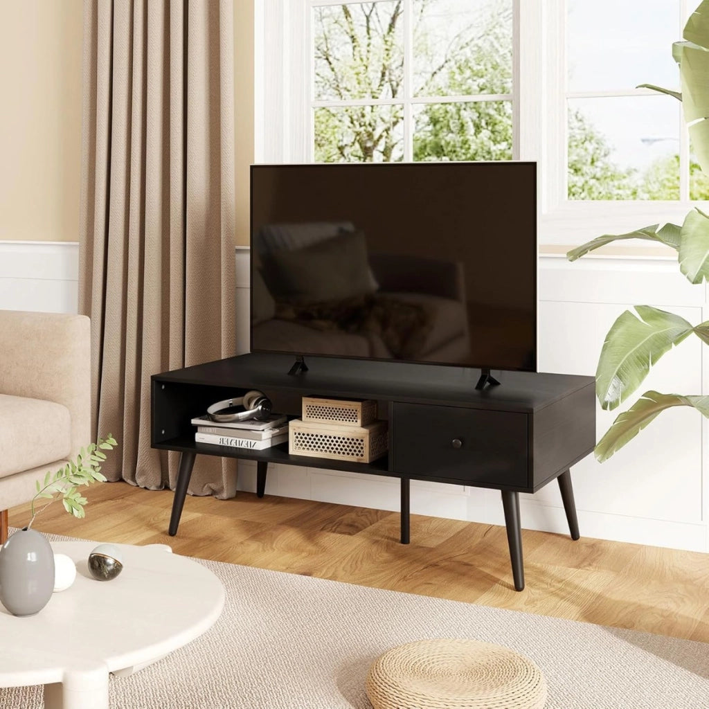 Tavolino moderno mid-century con 1 cassetto e mensola, Tavolino da caff¨¨ per salone e reception Nero-Tavolini