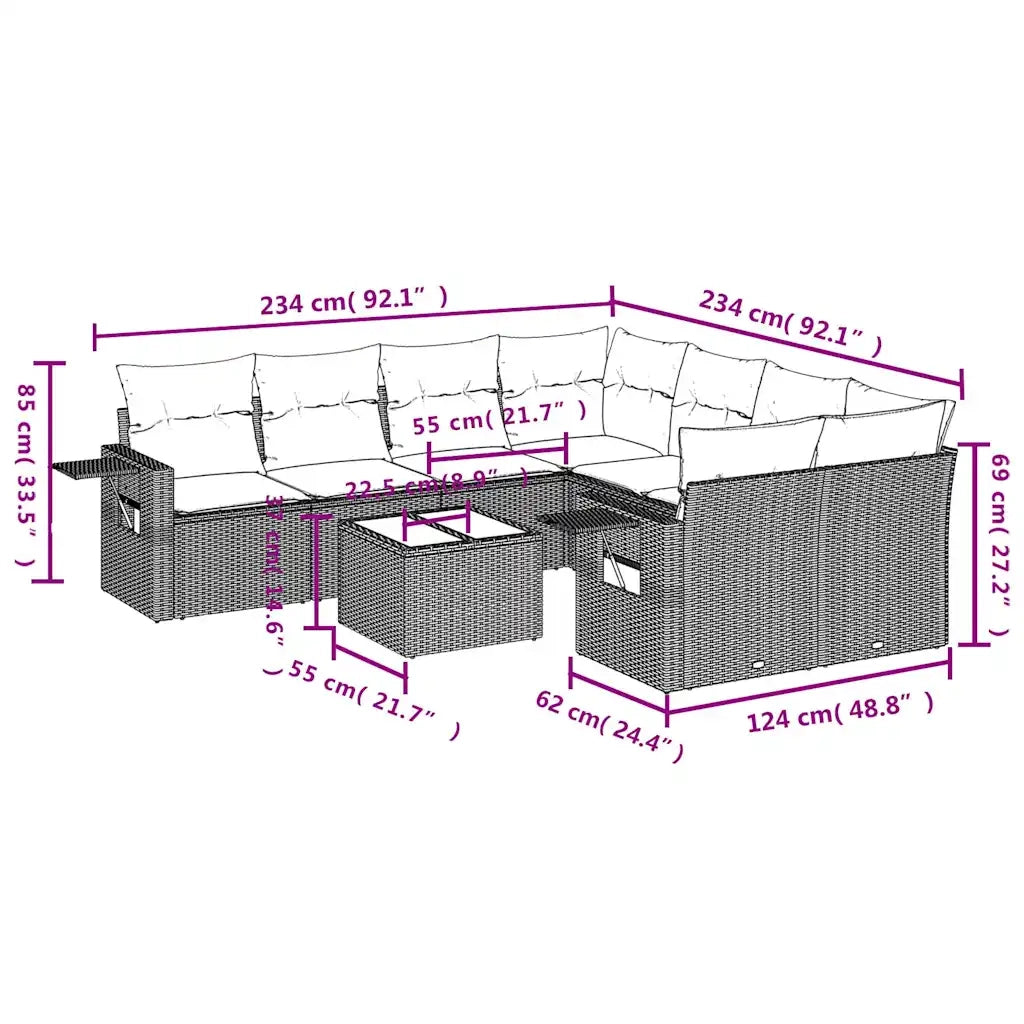 Set Divano da Giardino 9 pz con Cuscini Grigio in Polyrattan