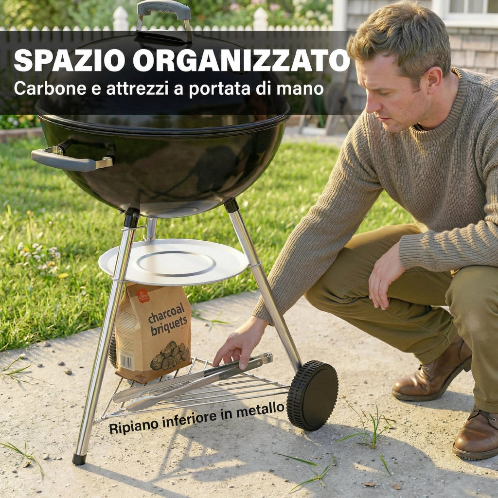 Barbecue a Carbone Rotondo con Coperchio ¨C Xylo ¨C Termometro e Ruote, Nero