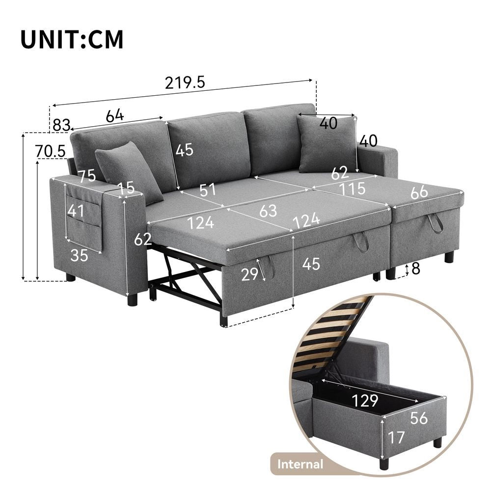 Divano letto angolare - Xylo - Forma L, chaise longue reversibile, grigio