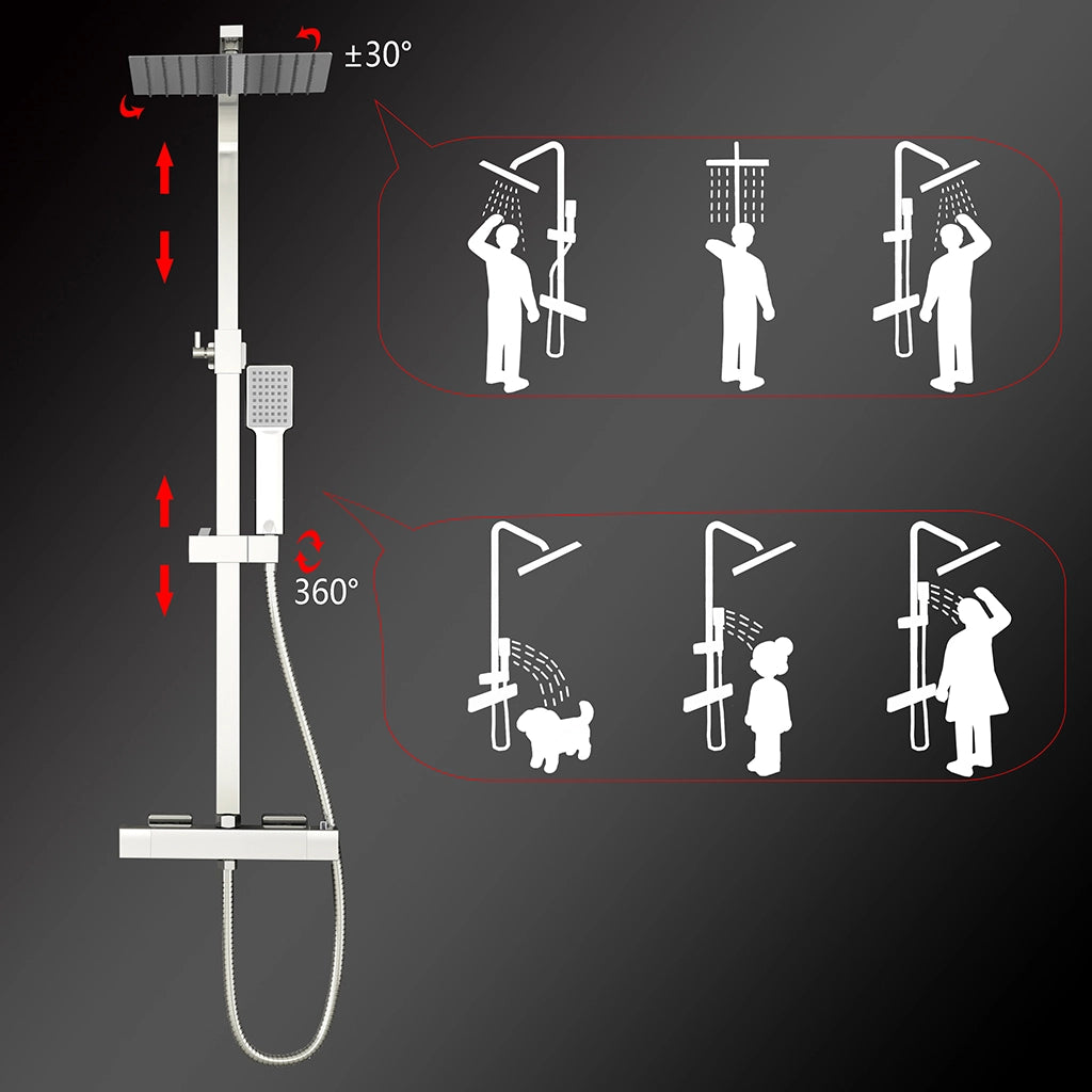 Colonne doccia cromo, soffione doccia quadrato 25x25cm acciaio inox, miscelatore termostatico doccia rettangolo antiscottature