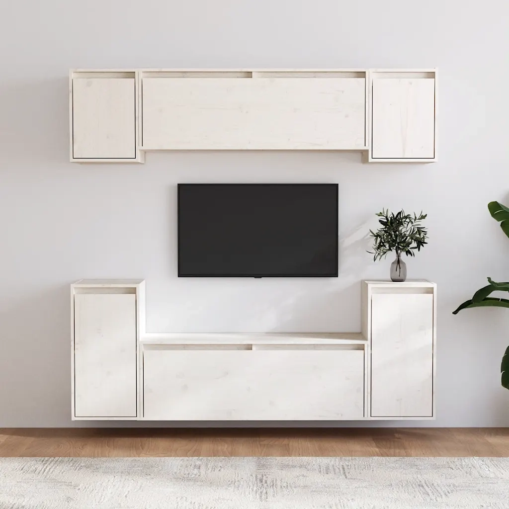 Mobili Porta TV 6 pz-Credenza per TV Bianchi in Legno Massello di Pino