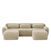 Divano Modulare a U con Pouf; Senza Montaggio; Base Antiscivolo e Cuscini; in Peluche; Cachi Chiaro