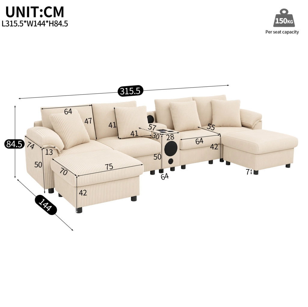 Divano modulare a U e L in velluto a coste beige 315;5 x 144 x 84;5 cm con console Bluetooth