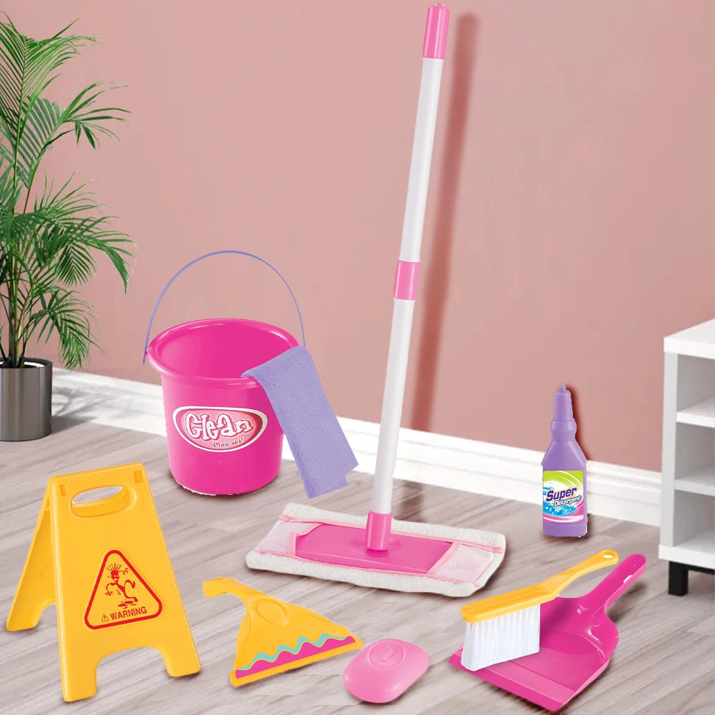 Set Pulizia Giocattolo per Bambini 9 Pezzi con Mocio e Secchio Mop Rosa e Giallo