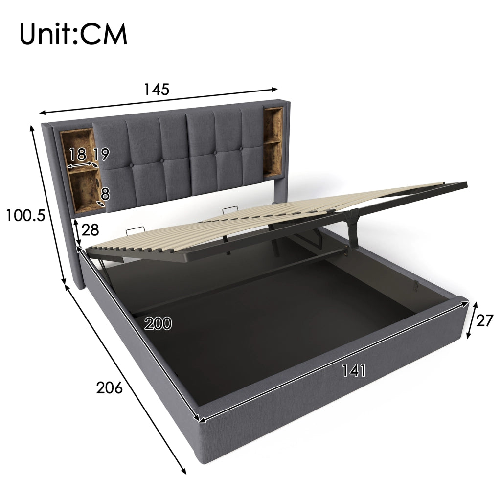 LETTO Imbottito 140x200 cm Cotone Grigio con ricarica wireless USB e Type-C