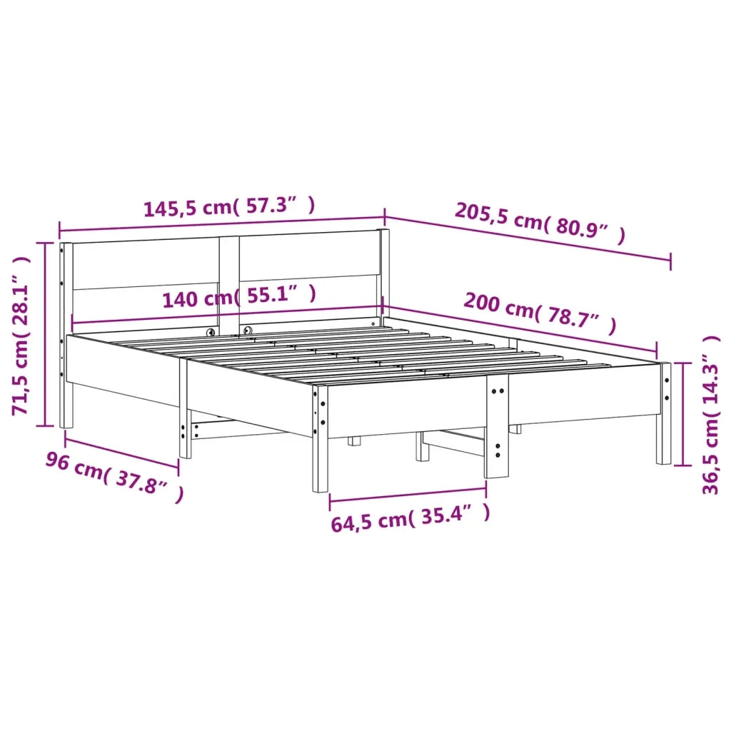 Letto matrimoniale | Letto per adulti | Letto senza Materasso 140x200 cm in Legno Massello di Pino