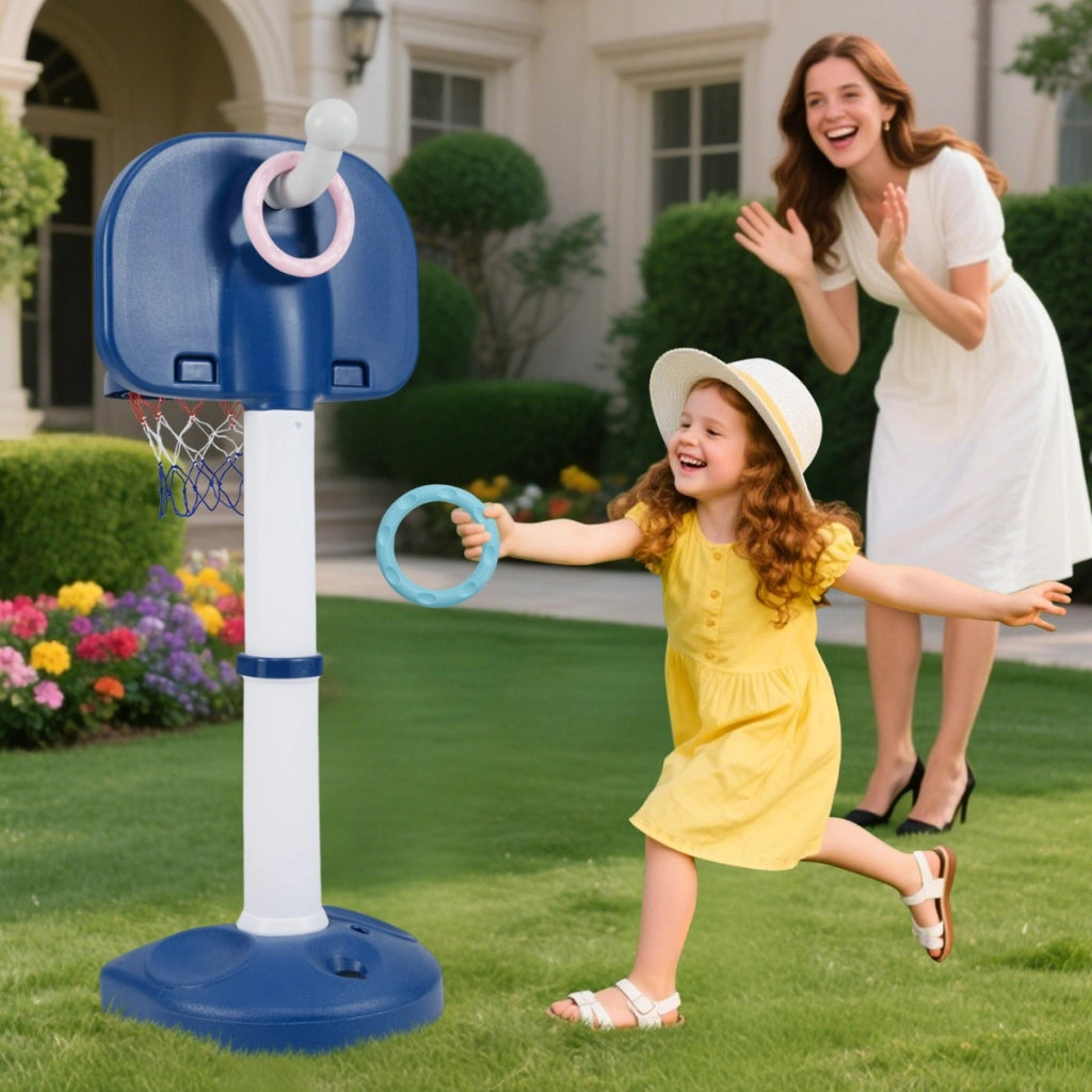 Gioco regolabile con lancio degli anelli per bambini e bambine, Canestro da basket per bambini 4 in 1 Bianco e Blu