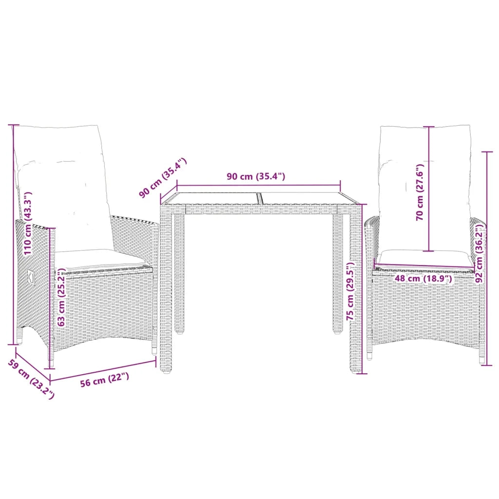 Set da Bistrò 3 pz con Cuscini Grigio in Polyrattan