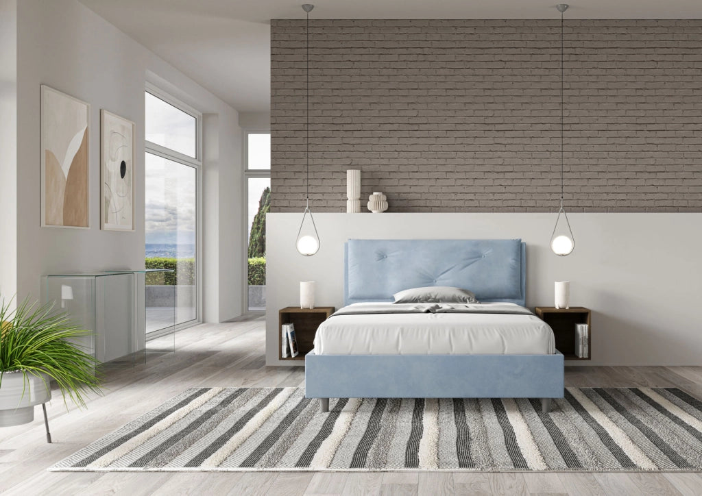 BS COM Letto matrimoniale francese contenitore imbottito 140x210 microfibra azzurro Large
