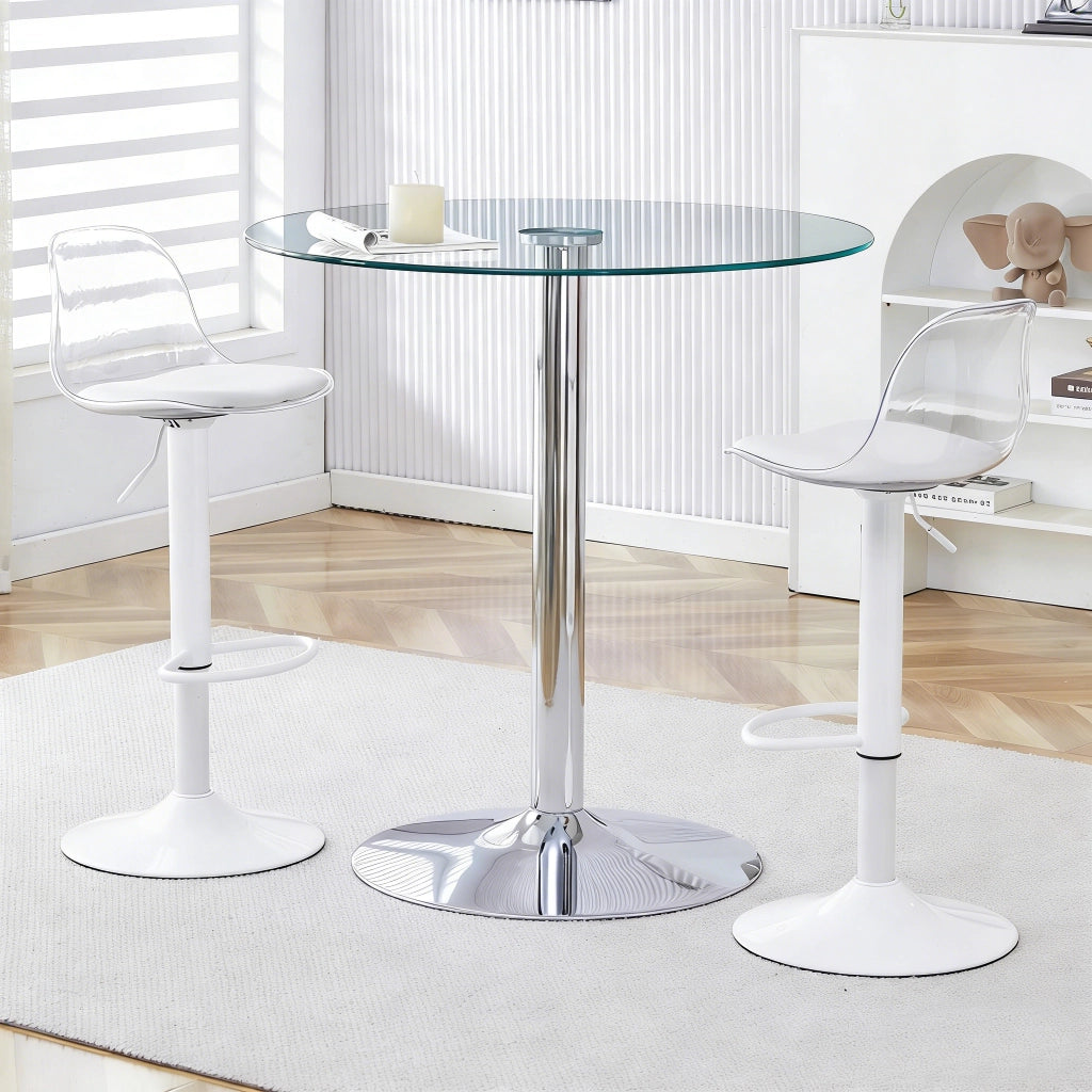 Tavolo da pranzo rotondo in vetro trasparente con 2 sgabelli regolabili, per cucina e bar, diametro 89 cm