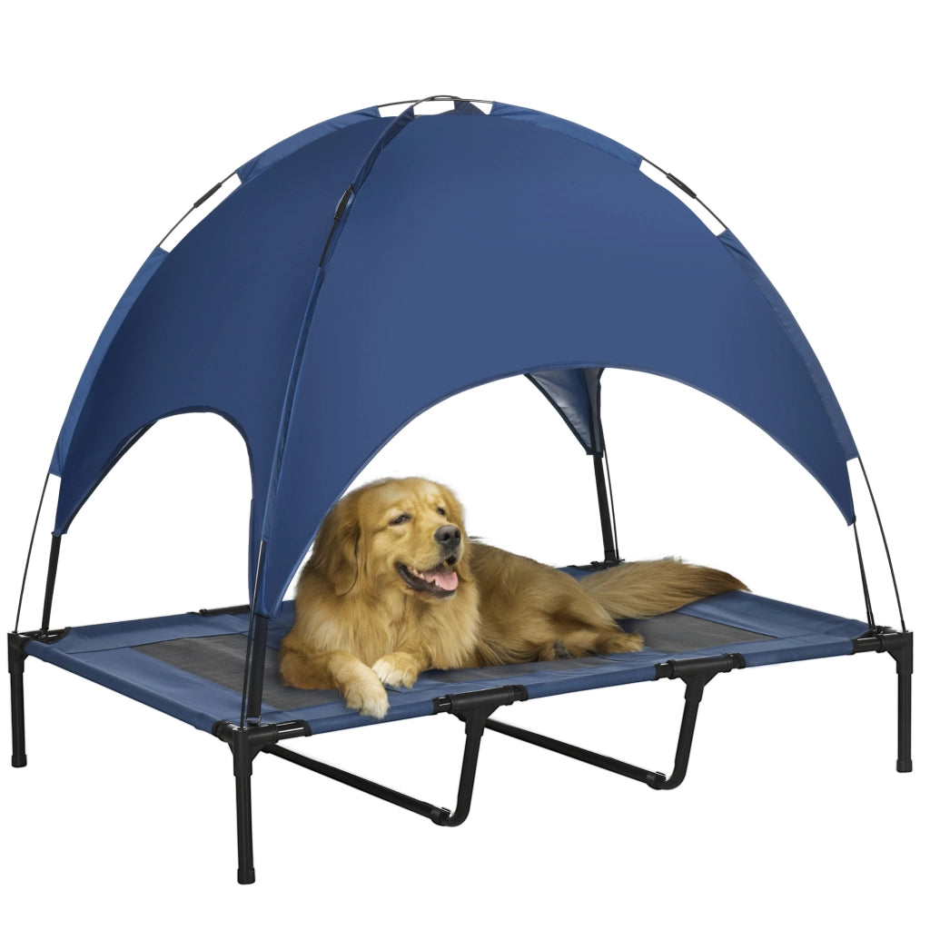 Letto per Cane Esterno con Baldacchino ¨C Minimal ¨C Blu e Nero 122x92x108 cm