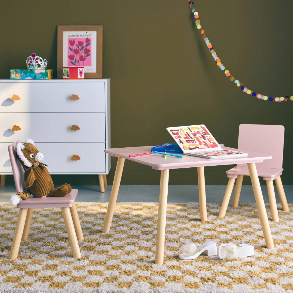 Tavolo quadrato per bambini con 2 sedie, rosa
