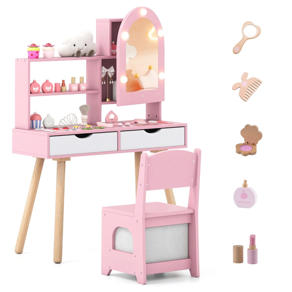 Set tavolo da toeletta per bambini da trucco con 3 modalit¨¤ di illuminazione colorata, Tavolo specchio con armadietto Rosa-Toelette per bimbi