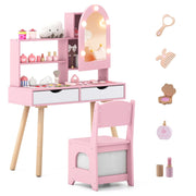 Set tavolo da toeletta per bambini da trucco con 3 modalit¨¤ di illuminazione colorata, Tavolo specchio con armadietto Rosa-Toelette per bimbi