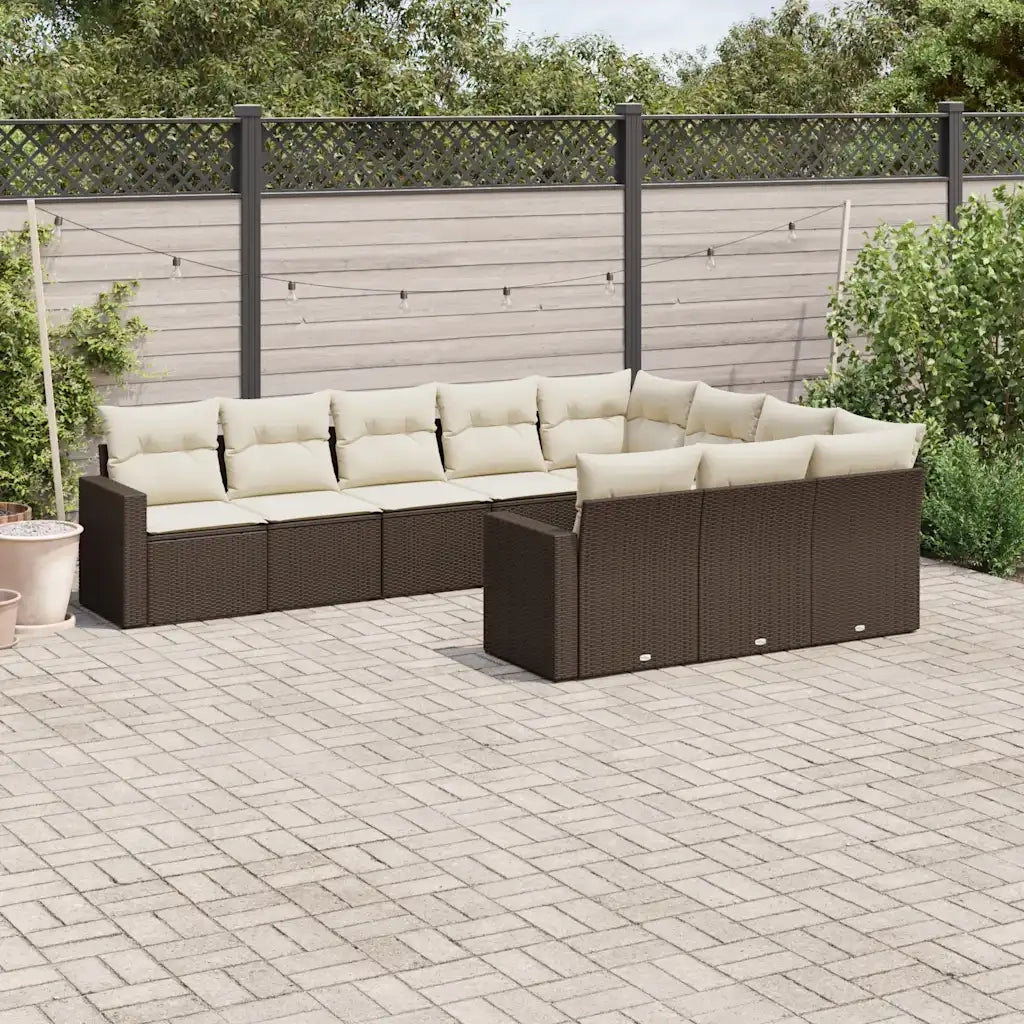 Set Divani da Giardino 10pz con Cuscini in Polyrattan Marrone