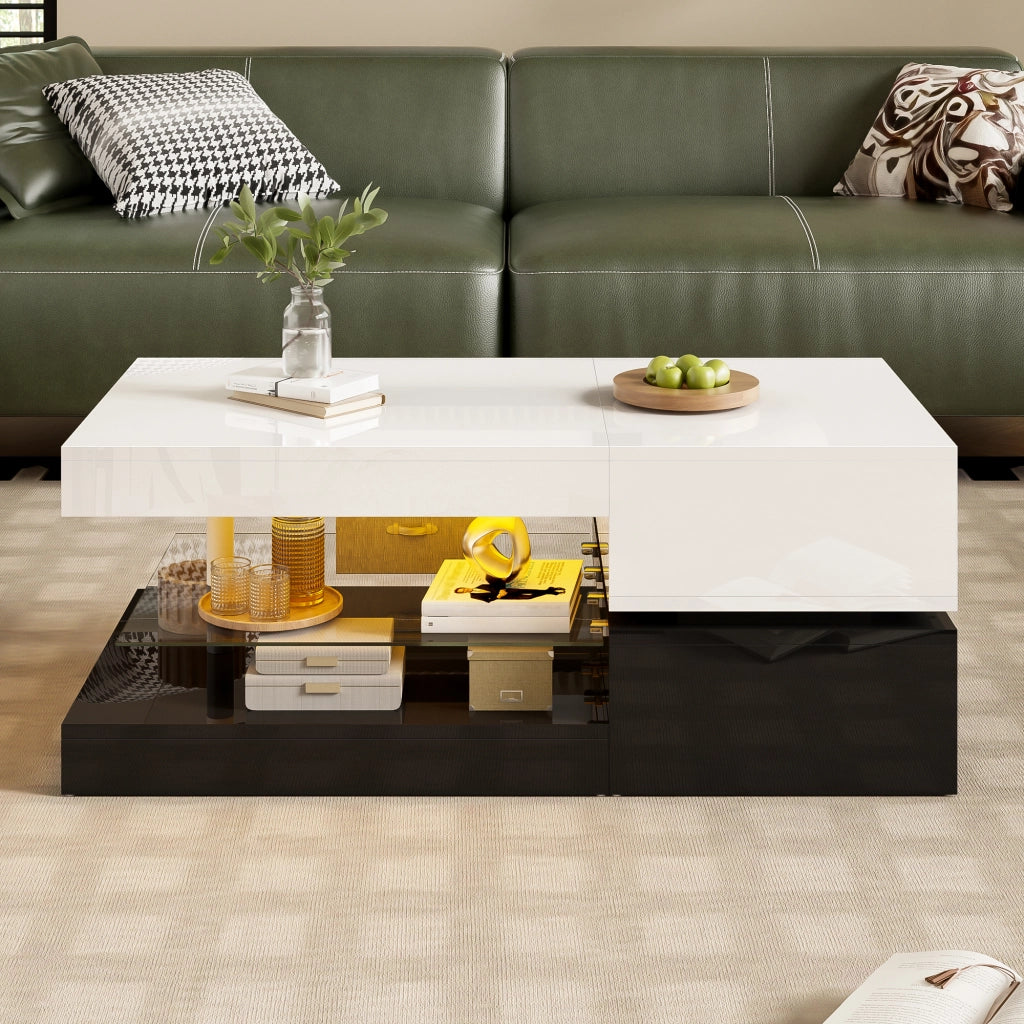 OKWISH Tavolino da Salotto con Ripiano in Vetro e LED, Controllo Bluetooth, per Soggiorno, Nero e Bianco, 90 x 45 x 35.5 cm