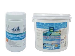 PASTIGLIE POLIFUNZIONE (CLORO, FLOCCULANTE, ANTIALGHE)  Kg.5 in secchio (pastiglie da gr.200 l'una)    AILANTO