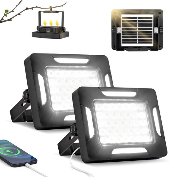 Due LED Lampade Solar Portatili con Stativo Regolabile Dimmerabile - 2000LM - Lampade da Lavoro Solar Riscaricabili con Magnete - IP67 Impermeabili - 5 Modalità di Illuminazione Lampada Portatile - Lampada da Campeggio per Interno e Esterno