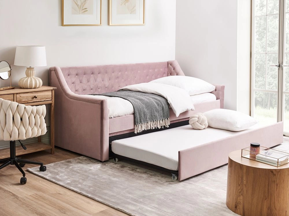 Letto singolo con letto estraibile 90 x 200 cm in Velluto Rosa con Rete a Doghe