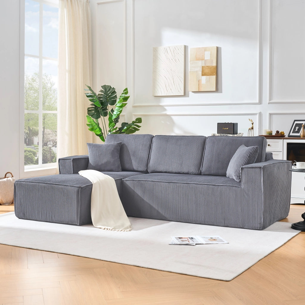 Divano Angolare 2 Posti con Chaise Longue ¨C MINIMAL ¨C Tessuto a Coste, Grigio, Morbido