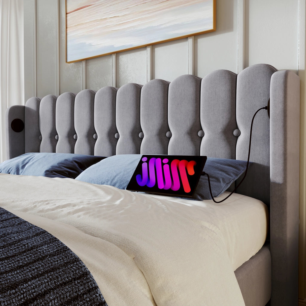 DESMIU Letto Matrimoniale 140 × 200 cm 2 posti con USB e Type-C, con materasso, in lino, grigio
