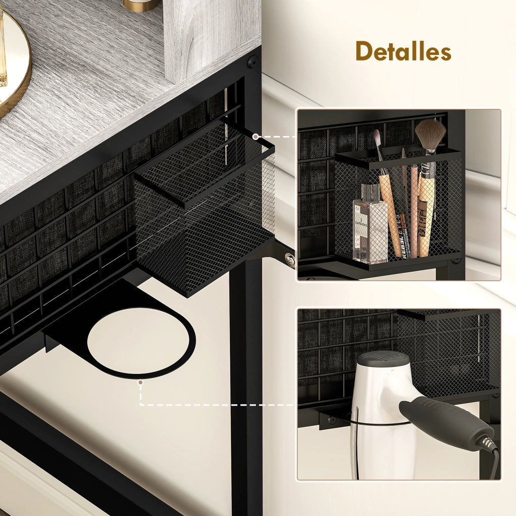 Cassettiera per Trucco con Specchio e Sgabello ¨C Minimal ¨C Grigio Tessuto 3 Cassetti