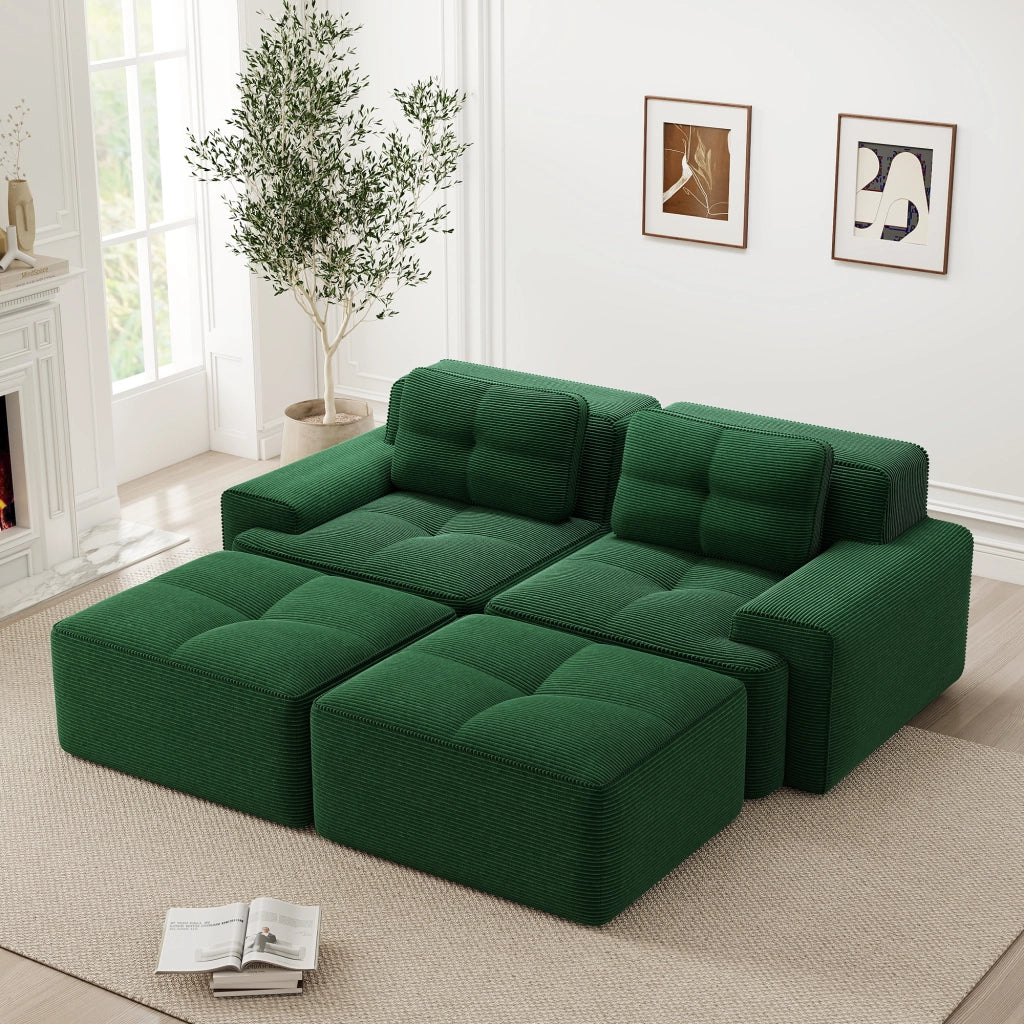 Divano Modulare a U con Ottoman ¨C Xylo ¨C Verde, Velluto a Coste, Componibile