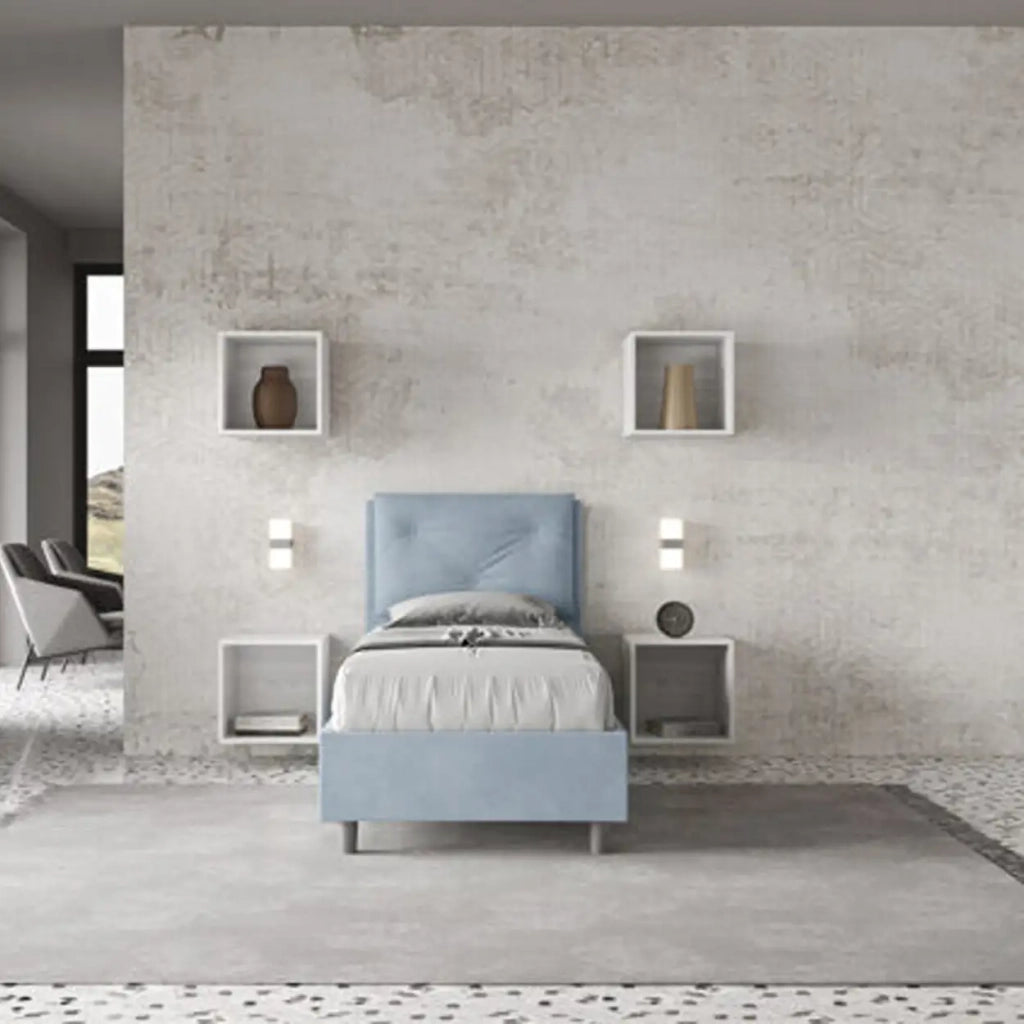 Letto singolo senza rete imbottito 80x200 microfibra azzurro Appia