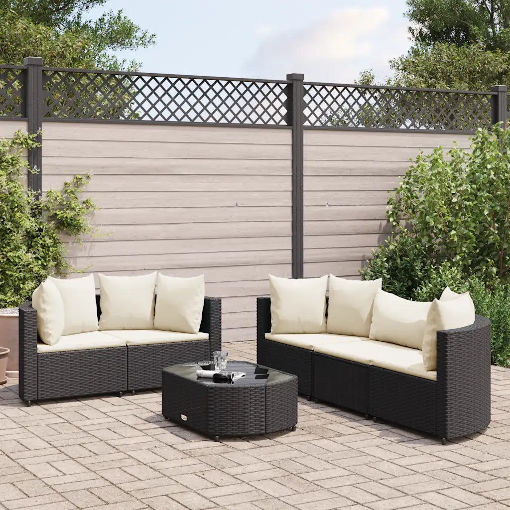 Set Divano da Giardino 6 pz con Cuscini Nero in Polyrattan
