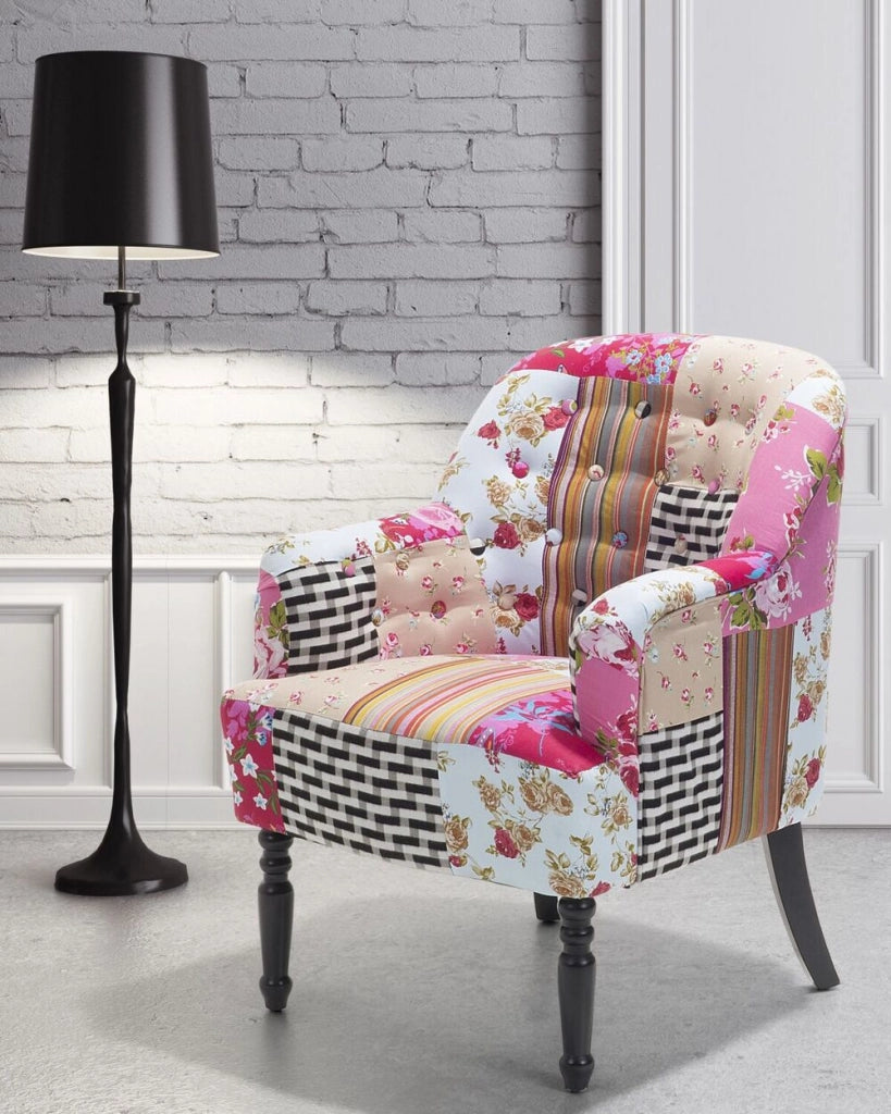 Poltrona Multicolore Rosa Tessuto Patchwork Sedia Club Bottone Gambe in Legno capitonné