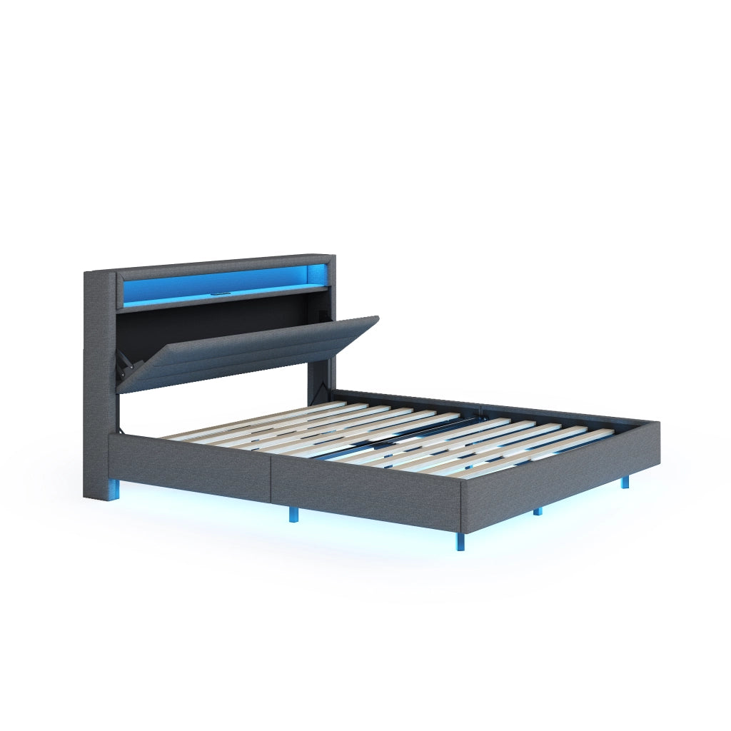 LETTO Imbottito 140x200 cm Grigio con USB e LED, rete a doghe