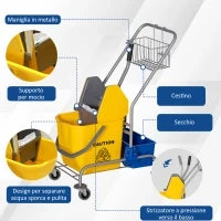 Carrello Pulizie con Strizzatore, Secchio 25L e Ripiano in Plastica, in PP e Metallo, 72x49.5x95 cm, Blu e Giallo