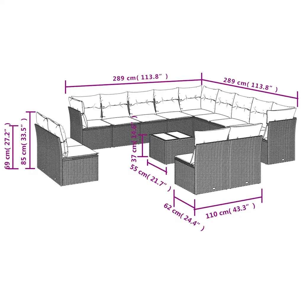 Set Divani da Giardino 14pz con Cuscini in Polyrattan Marrone