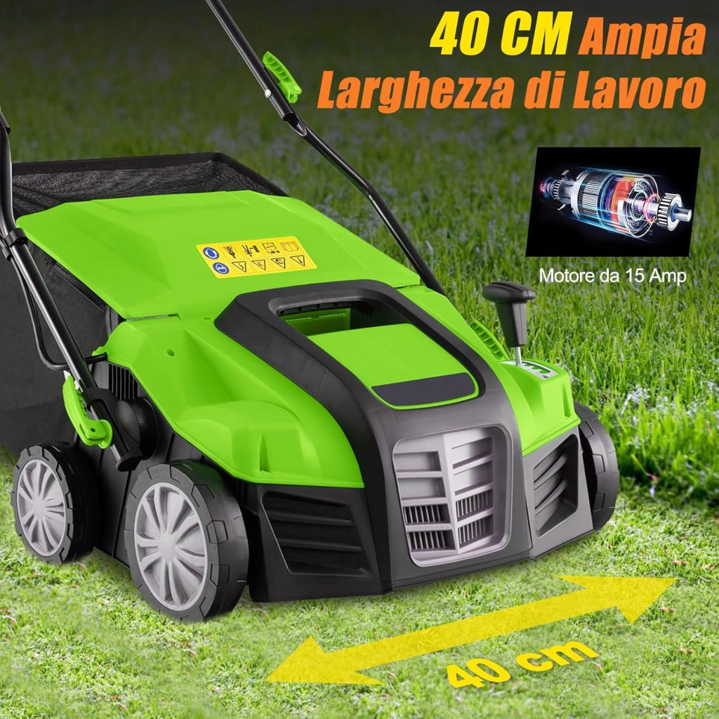 2 in 1 Scarificatore Elettrico, 40 cm, 2000W, 3500rpm, Erbicida Pieghevole con Sacca di Raccolta da 55L, Regolazione Profondità 5 Livelli, Adatto Prato 800 ㎡ (Verde)