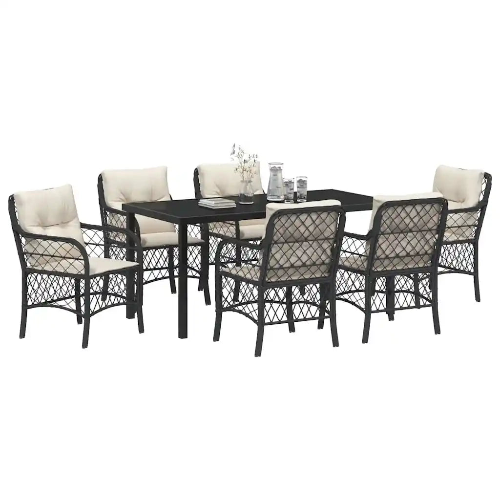 Set da Pranzo per Giardino con cuscino 7 pcs Nero polyrattan