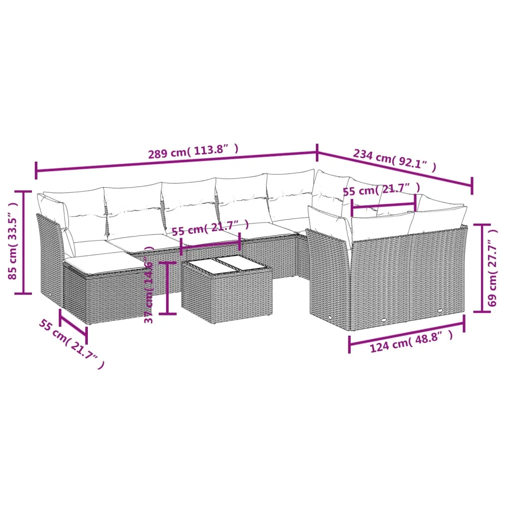 Set Divani da Giardino 11 pz con Cuscini Beige in Polyrattan