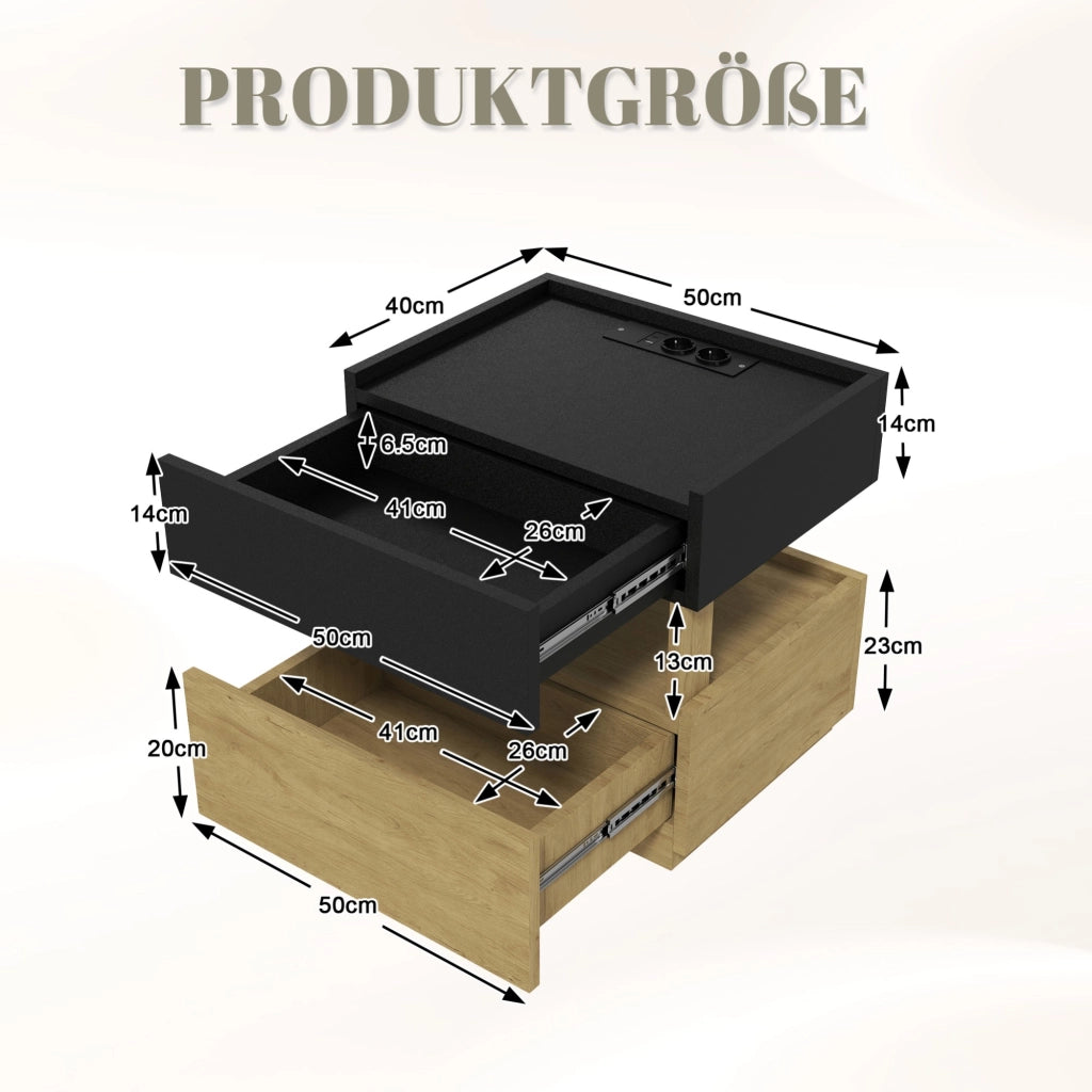 Comodino, 2 cassetti, tavolino a due ripiani, luce a LED, nero e color legno naturale