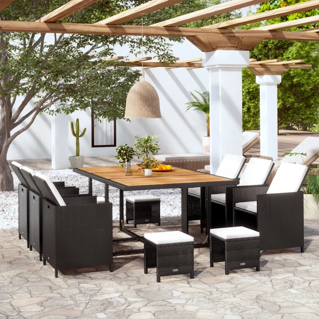 Set da Pranzo da Giardino 11 pz con Cuscini in Polyrattan Nero