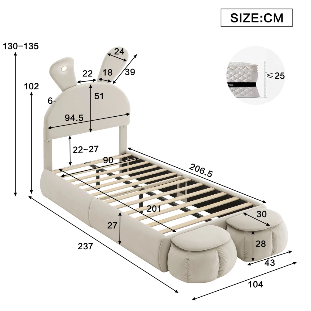 LETTO Singolo 90x200 cm in velluto beige con 2 pouf contenitore e luci LED