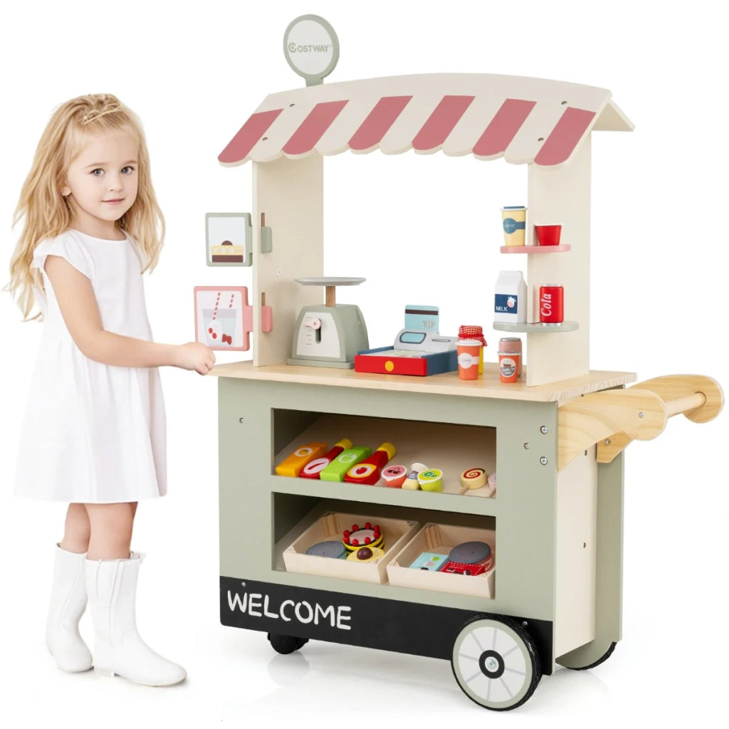 Carrello della spesa per bambini 75 x 30 x 100 cm con 30 divertenti accessori e pratiche ruote in MDF verde 20_0017930