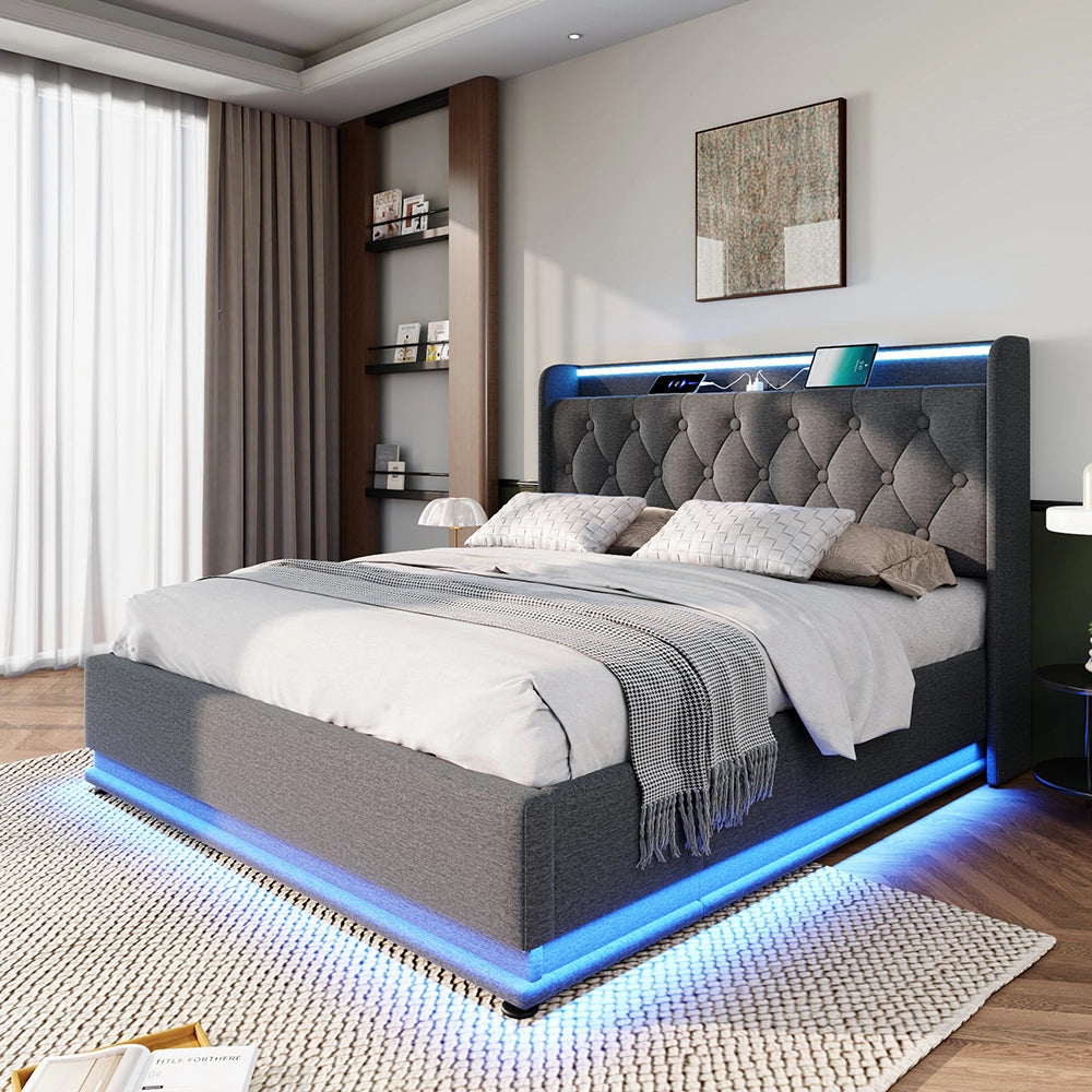 Letto a cassone per adulti - Xylo - 160x200 cm - Grigio lino - USB-C, controllo app