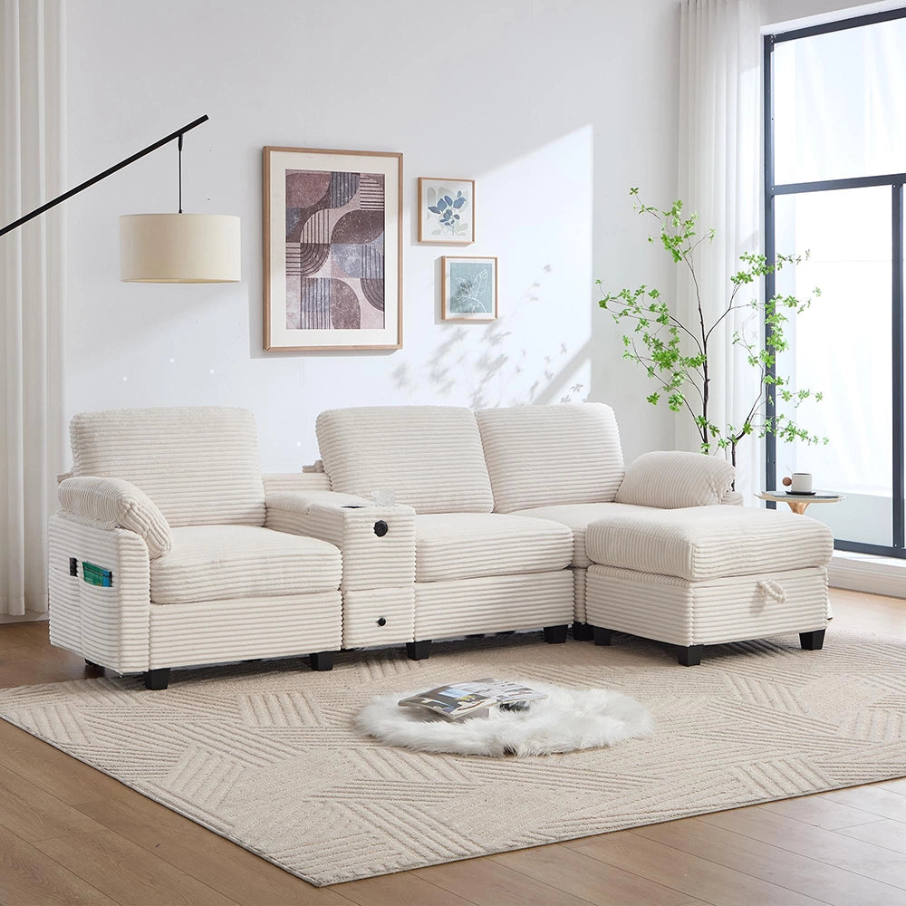 Divano grande in velluto - Xylo - Con console centrale USB-C e pouf