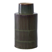 Vaso in ceramica verde e marrone con scanalature verticali ø16×h30 cm