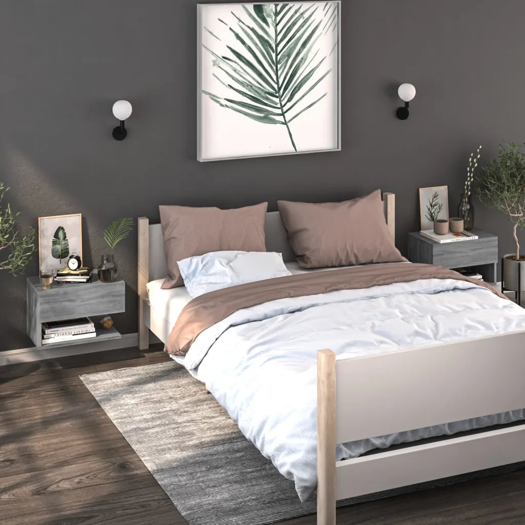 Set di 2 Comodini | Armadio da Notte | Mobiletto da notte a Muro Grigio Sonoma