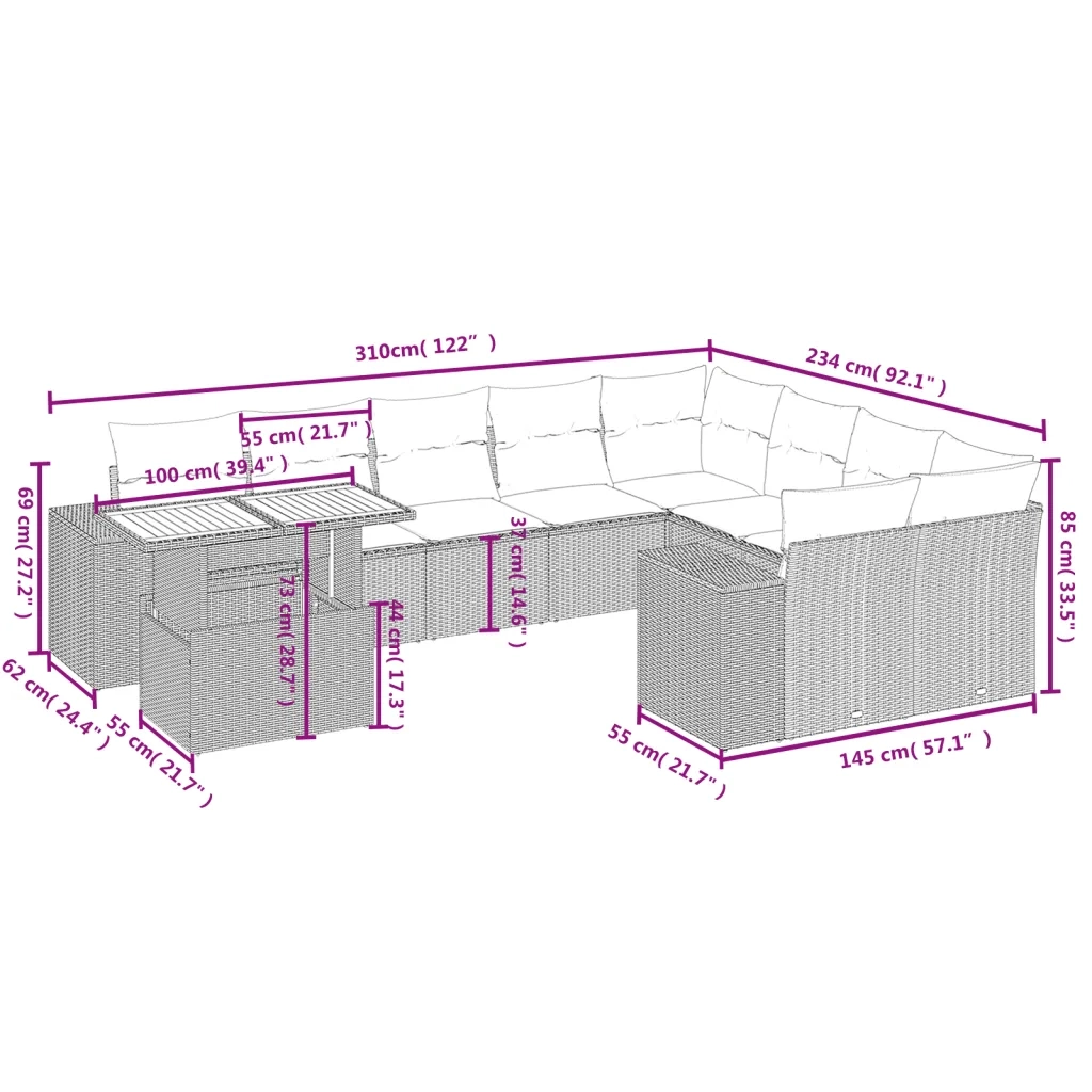 Set Divani da Giardino 10pz con Cuscini in Polyrattan Nero 3272798